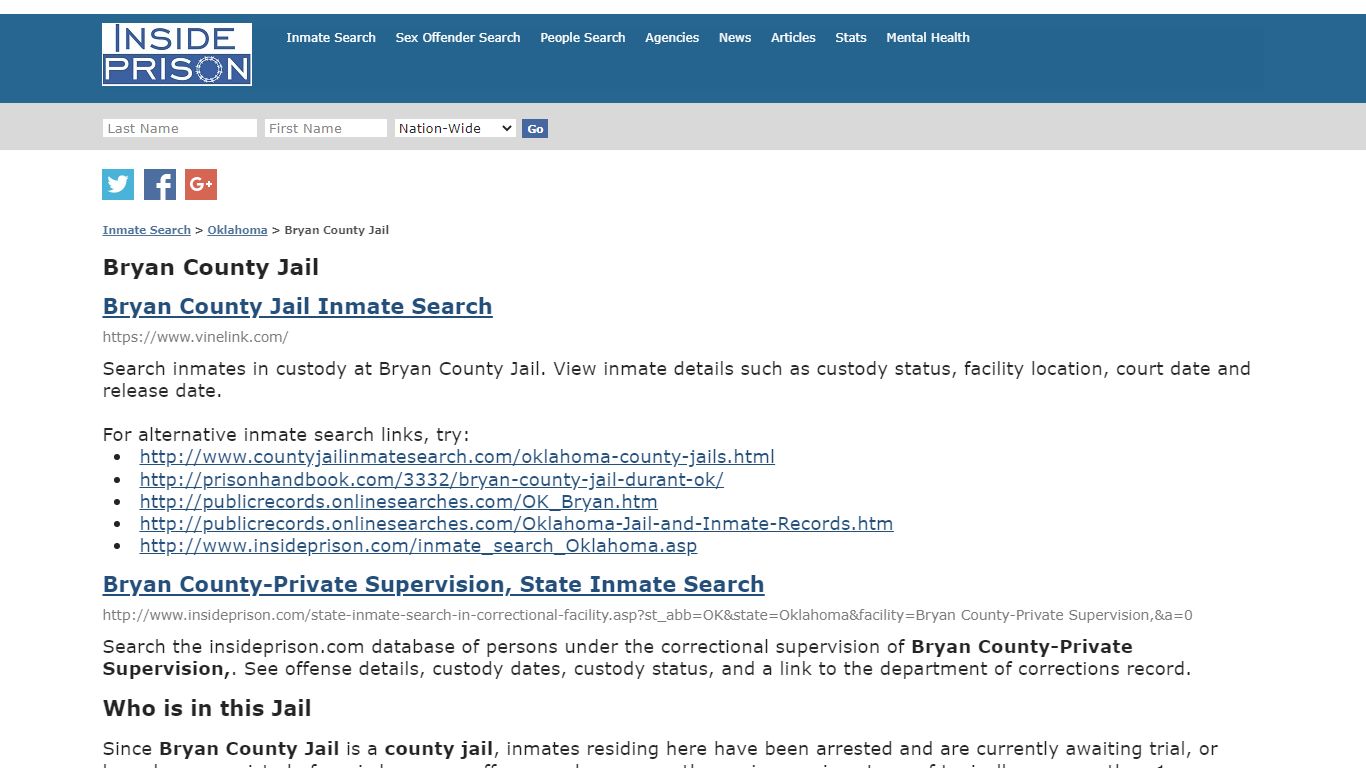 Bryan County Jail - Oklahoma - Inmate Search